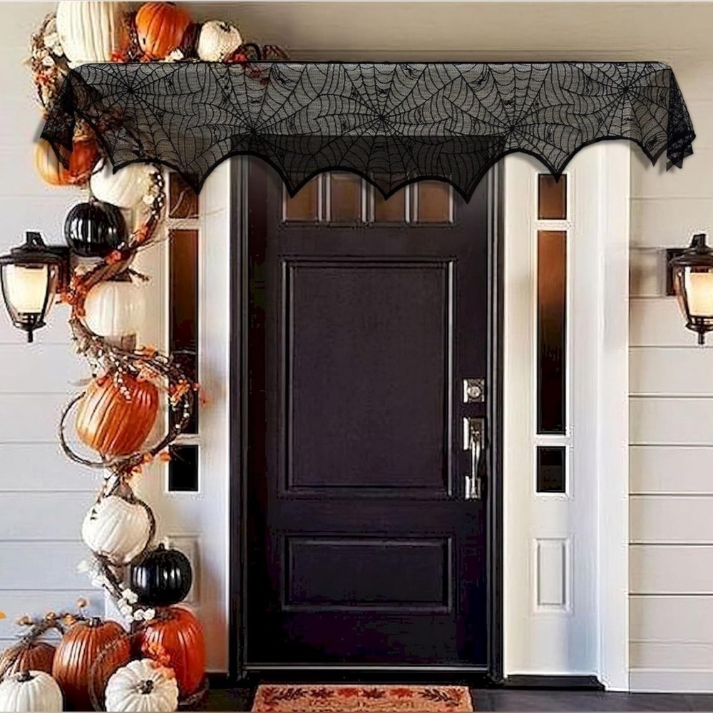 Halloween Decoration Black Lace Spiderweb Fireplace Mantle Cover 18” x 96” - Picture 9 of 9